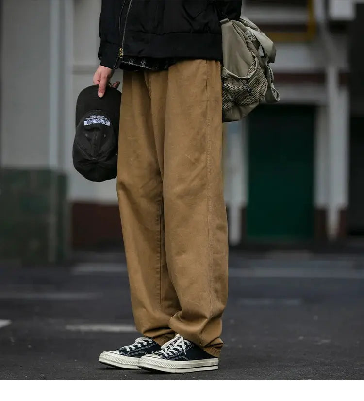 Cargo pants for men, tan baggy straight-leg trousers in Harajuku streetwear style