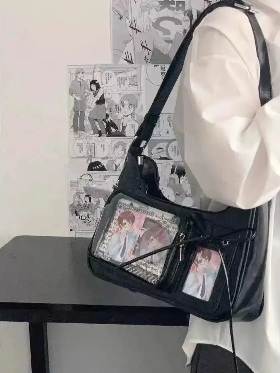 Y2k Harajuku ita bag in black; crossbody with two transparent front panels showing anime cards