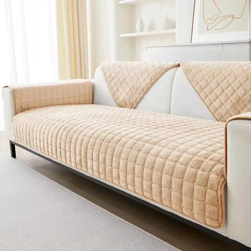 Flannel plaid sofa cover set in beige by Simples Market, universal non-slip quilted seat and backrest covers.