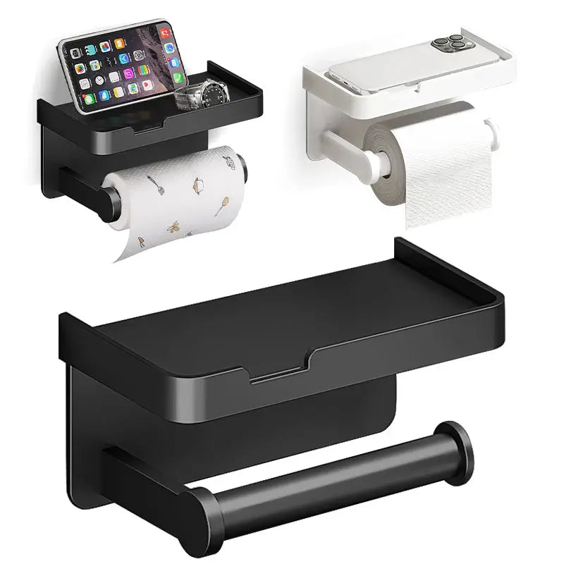 Aluminum alloy wall-mounted toilet paper holder with shelf and phone stand