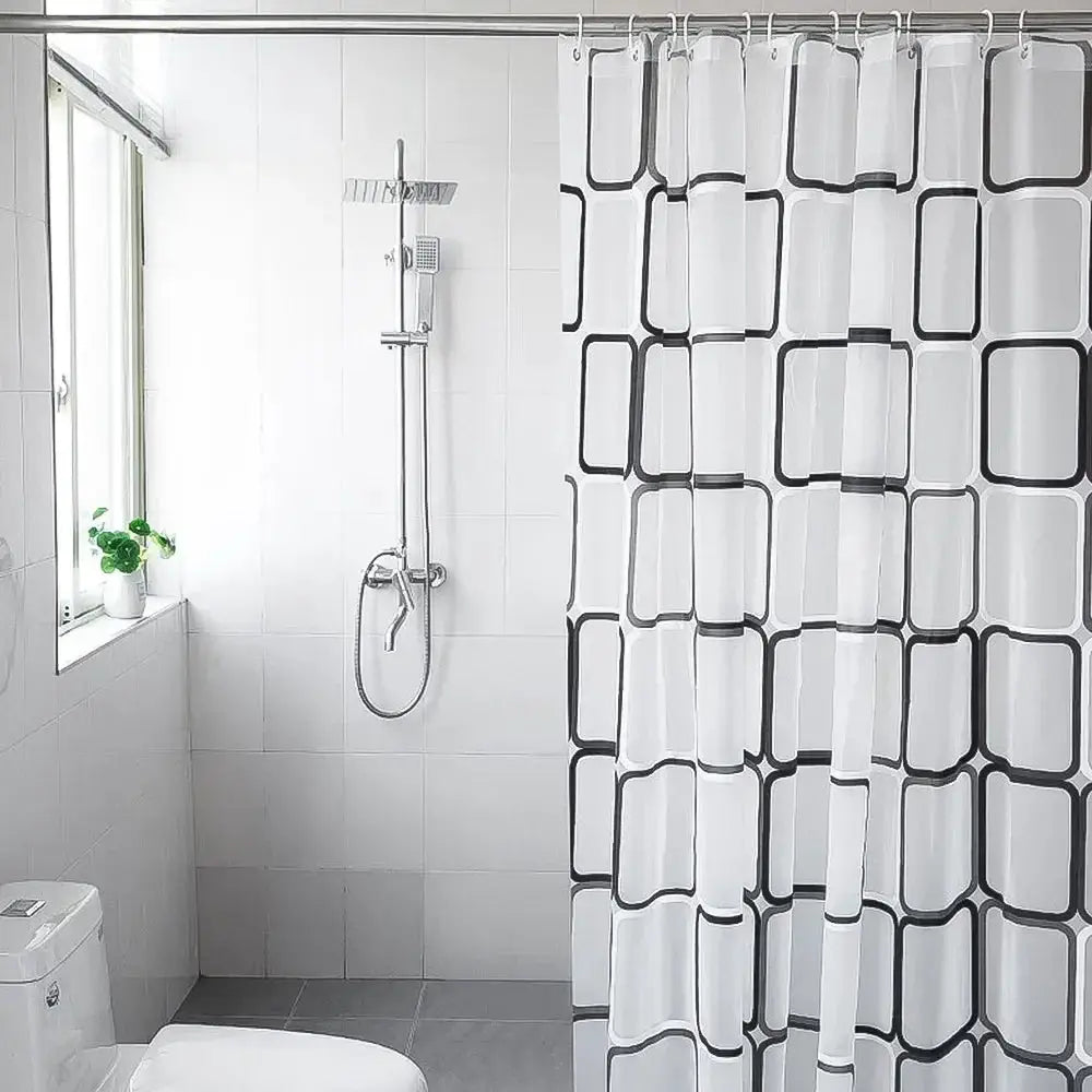 Bathroom shower curtain with hooks by Simples Market, white fabric with black square geometric pattern