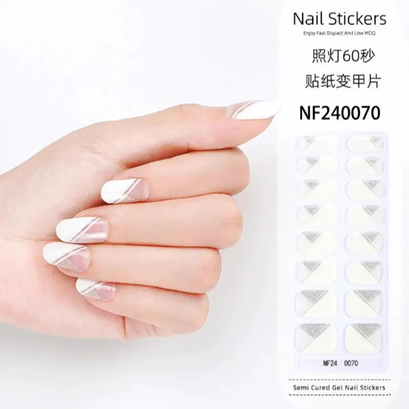 Gel nail wraps by Simples Market; 16/20/22-tip semi-cured full-cover stickers with white diagonal tips.