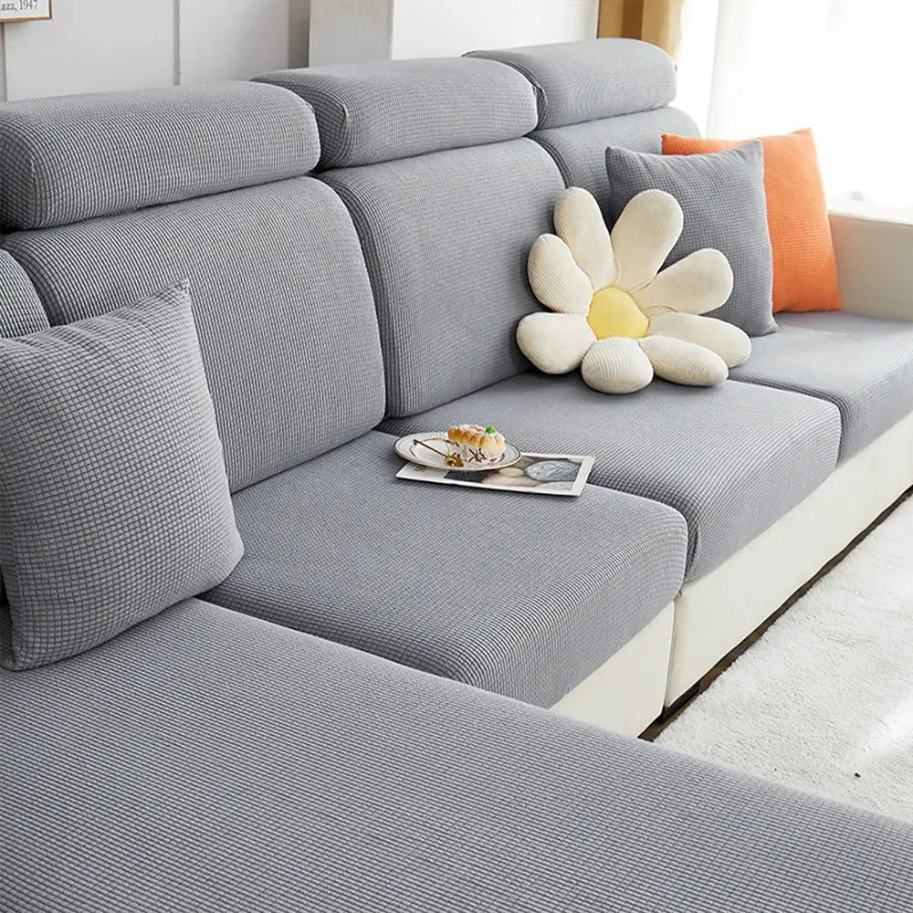 Gray jacquard polar fleece sofa cover set for chaise lounge, stretchy removable couch protector