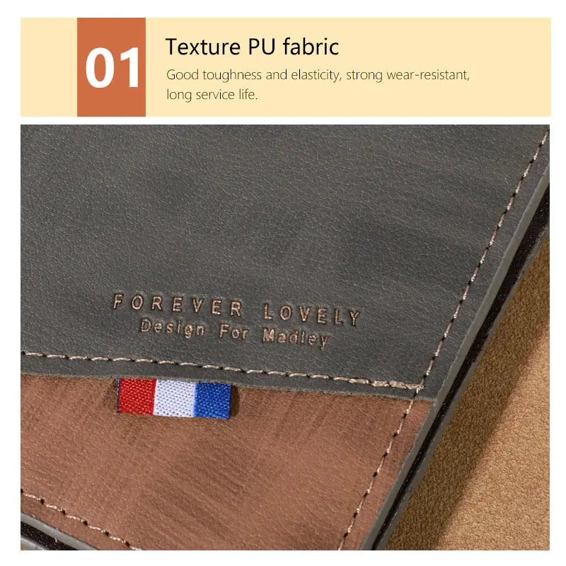 Men's leather wallet with black top and brown bottom, embossed Forever Lovely; compact multi-slot coin and photo wallet.