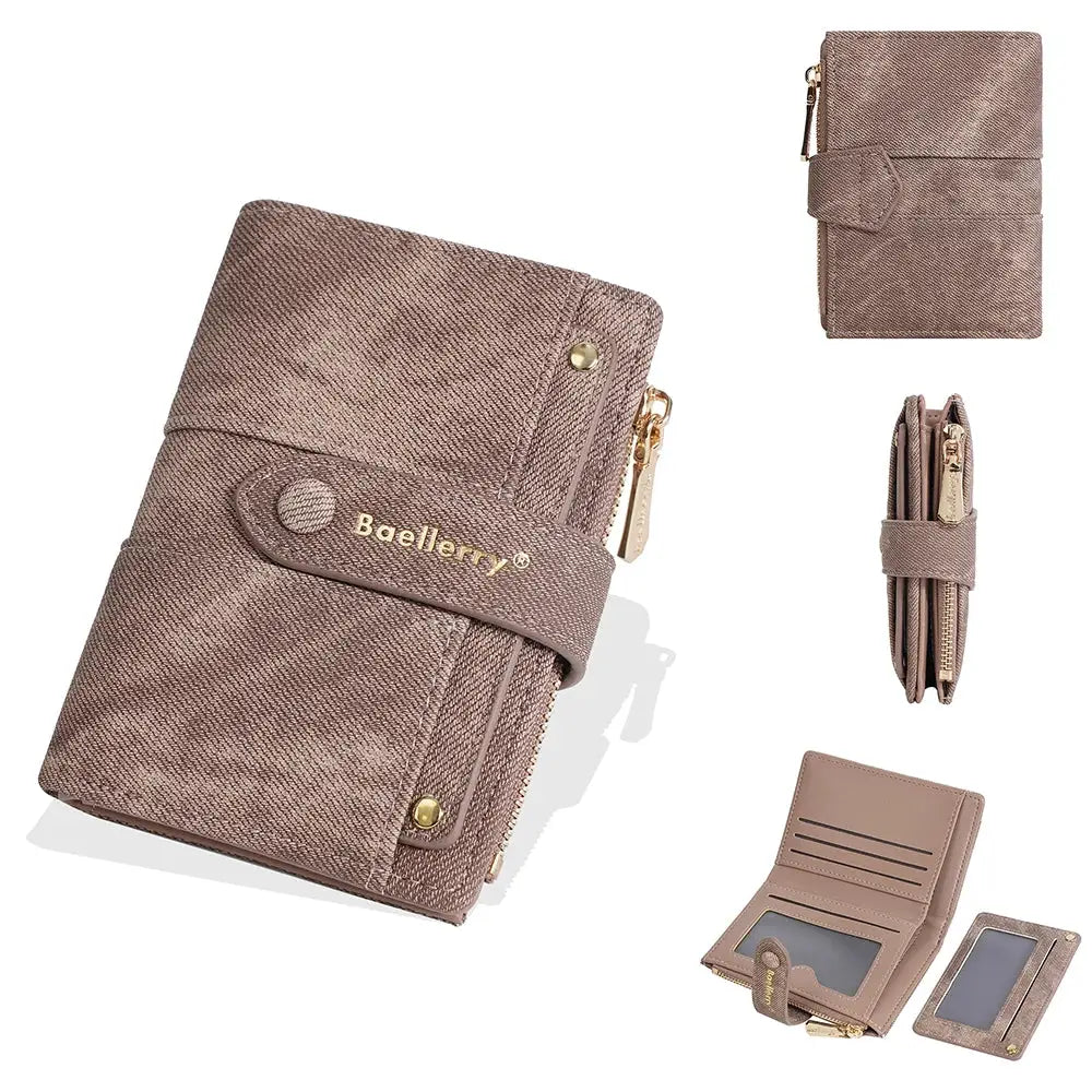 Baellerry women's compact wallet in taupe pebbled faux leather with zip coin pocket and detachable card clip.