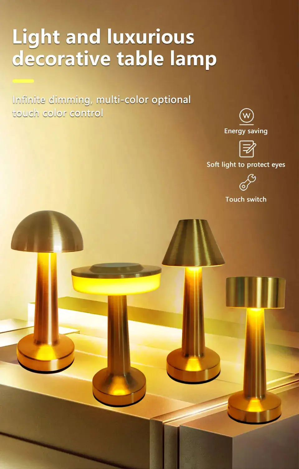 Simples Market LED table lamp set in brass metal finish with touch control, four decorative lamps
