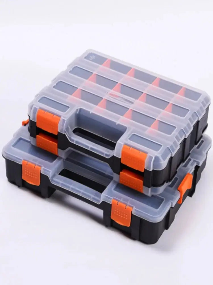 Two-stack hand-held plastic hardware tool and parts storage box with transparent lids and orange latches