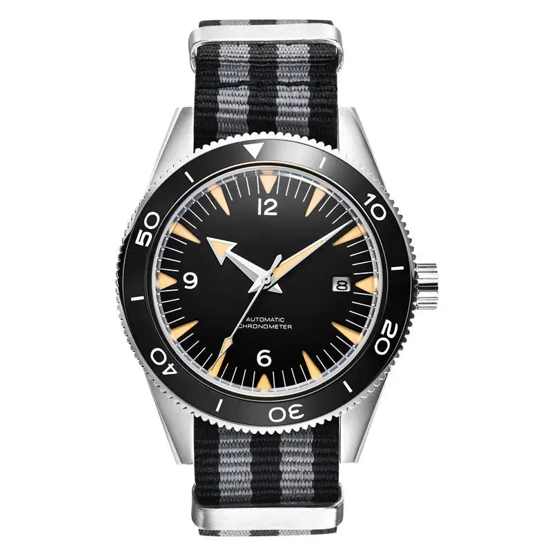 41mm automatic luminous watch with sapphire glass and striped nylon strap