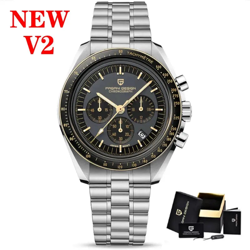 Pagani Design PD1701 men's stainless steel chronograph watch with black dial and gold subdials, gift box