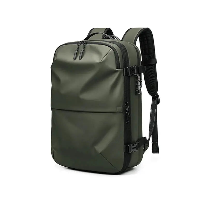 Simples Market olive green men's travel backpack with 17-inch laptop sleeve, vacuum compression, expandable capacity.