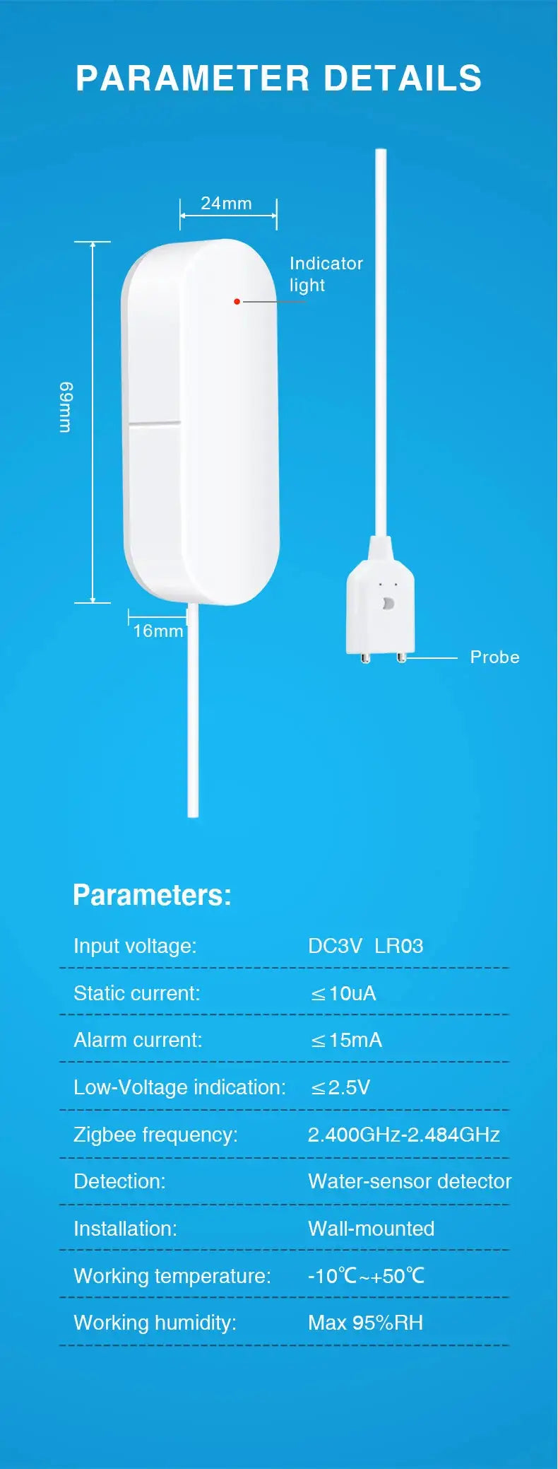 Simples Market Ewelink Zigbee3.0 water leak sensor, white wall-mounted flood detector with indicator light and probe