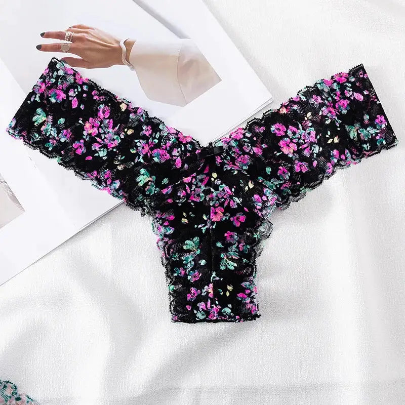 Women's black lace thong underwear, multicolor floral pattern, T-back G-string