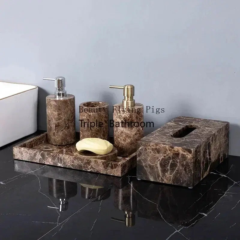 Emperador Dark marble bathroom set with soap dispenser, toothbrush holder, soap dish and tissue box cover