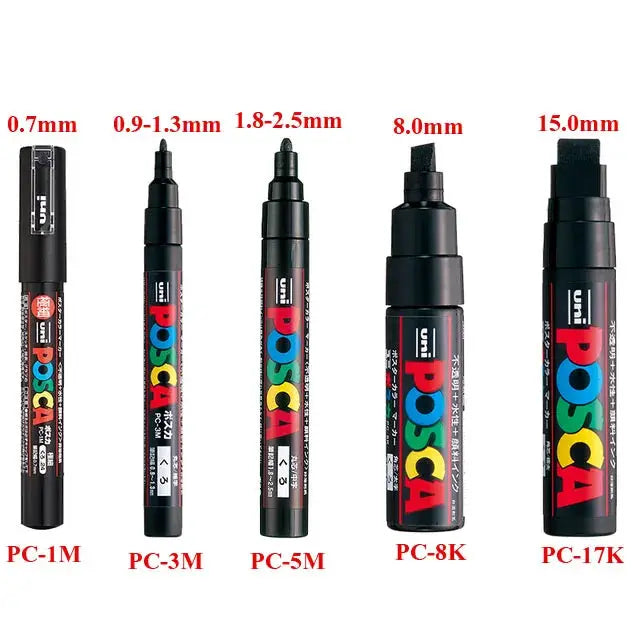Uni Posca paint marker set of five PC-1M, PC-3M, PC-5M, PC-8K and PC-17K markers in black barrels with colorful logo