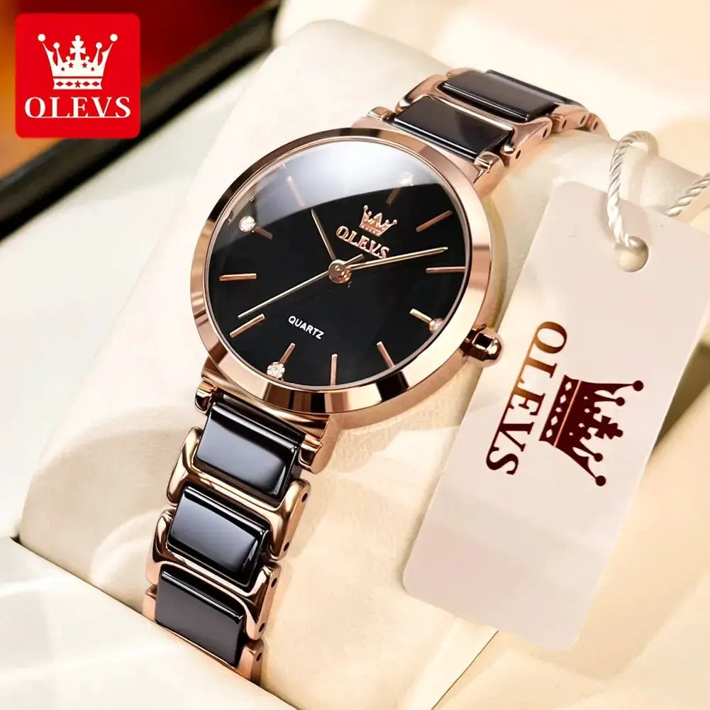 OLEVS women's ceramic-strap watch with rose-gold case and black dial