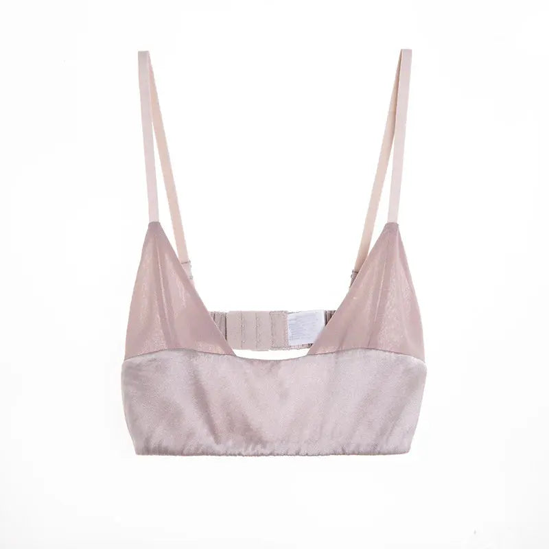 Birdtree pink wireless bralette with sheer mesh cups and satin underband, non-padded