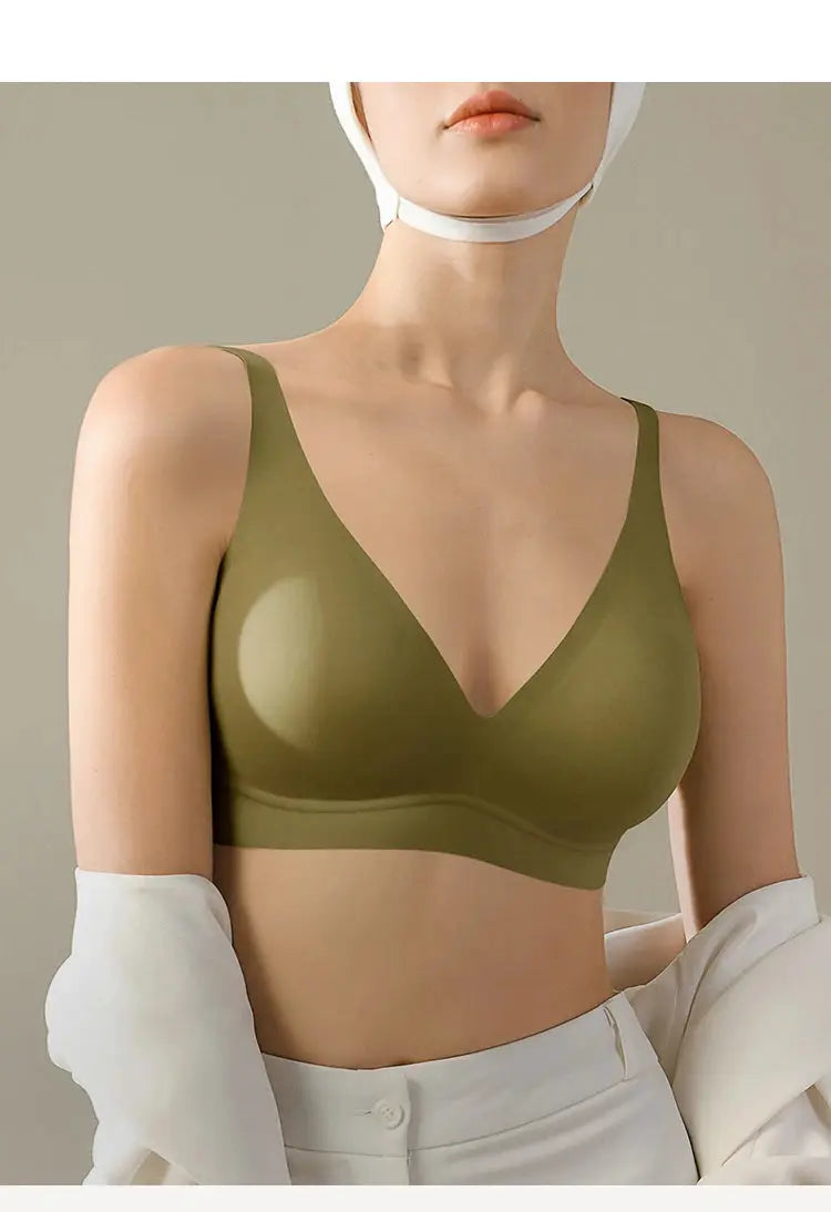 Seamless wireless bra olive green, V-neck bralette with smooth cups