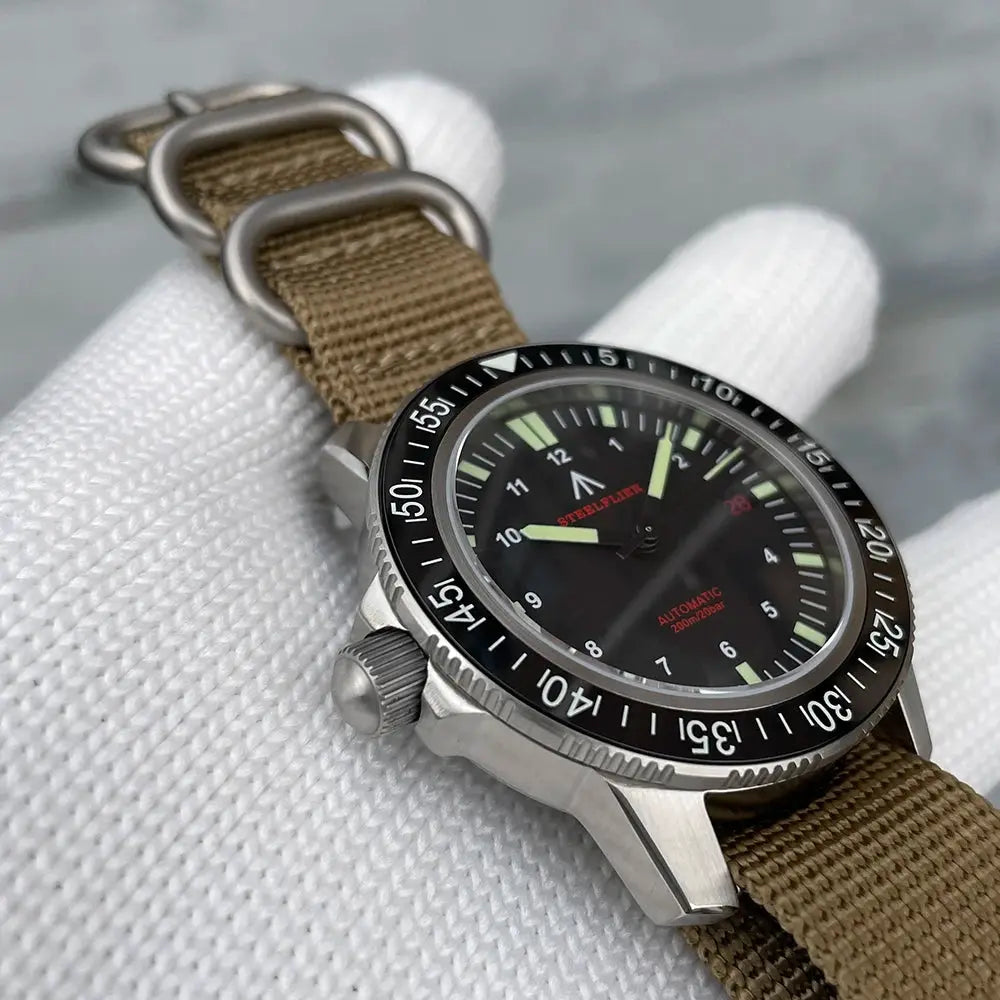STEELFLIER SF783 NH35 automatic dive watch with black dial, ceramic bezel, and brown NATO strap