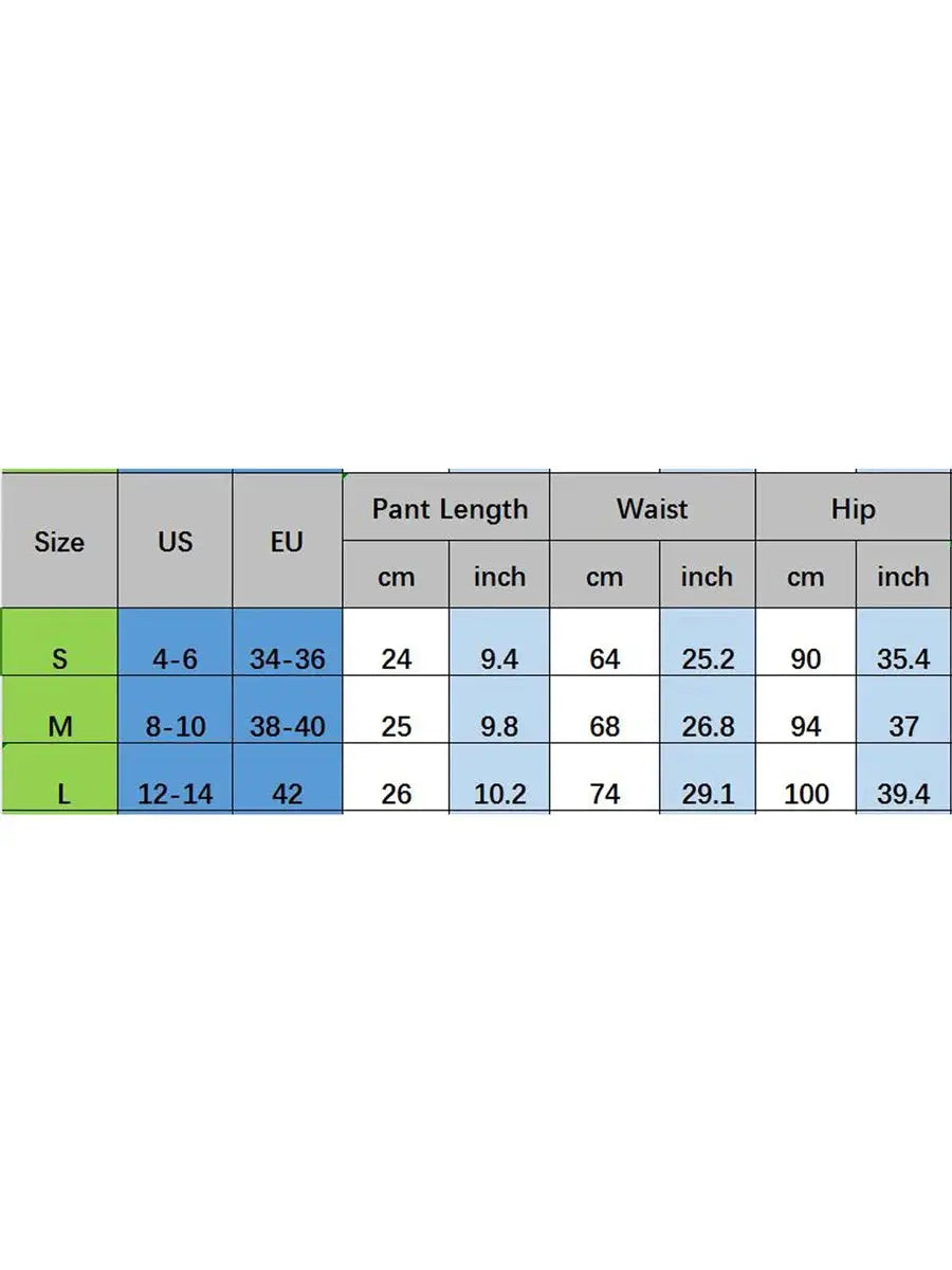 Women stripe print ribbed knit shorts size chart by Simples Market with US/EU sizes S–L and waist, hip, pant length