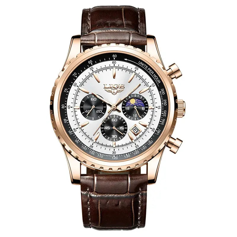 LIGE men's luxury quartz chronograph wristwatch with rose-gold case, brown leather strap, white dial and date window