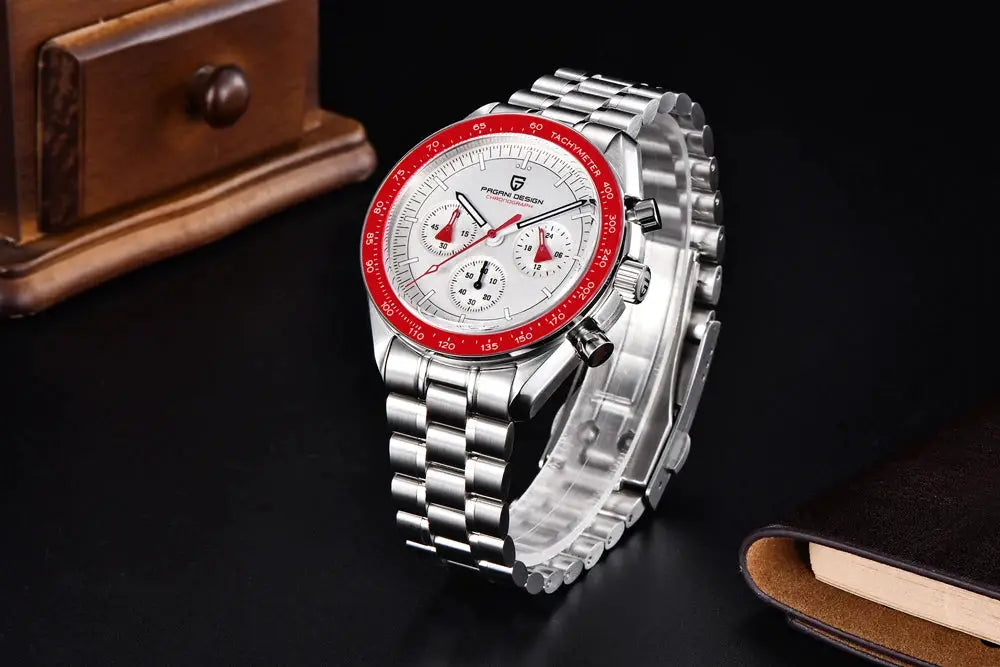 Pagani Design VK63 men's chronograph watch with red bezel, white dial, and silver stainless-steel bracelet