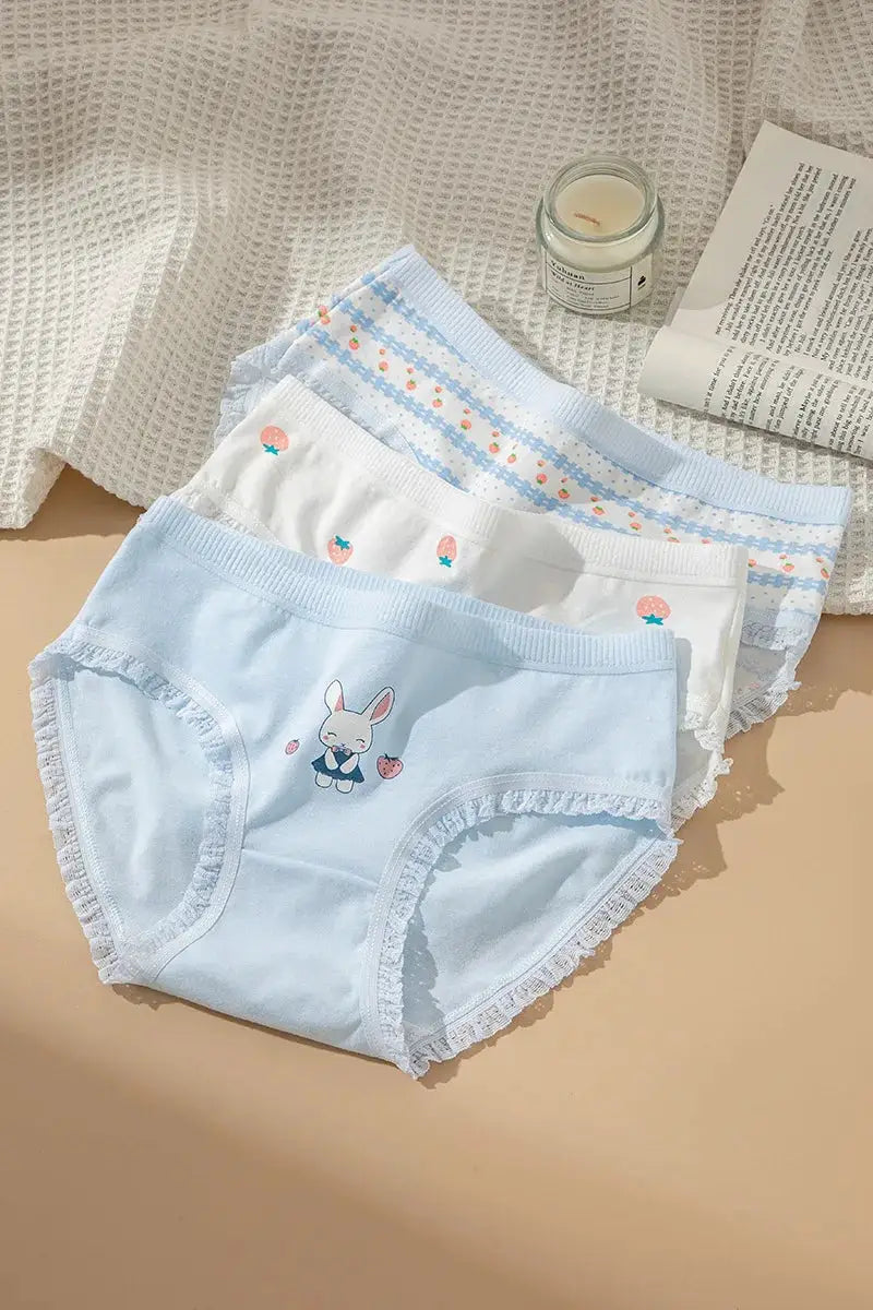 5-pack cotton strawberry rabbit-themed women's panties in pastel blue and white.