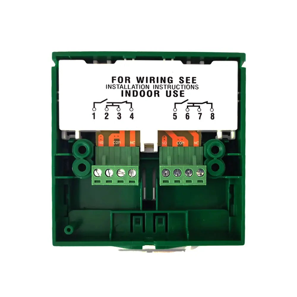 Green fire emergency resettable exit release switch with cover; back view shows NO/COM/NC terminal blocks.