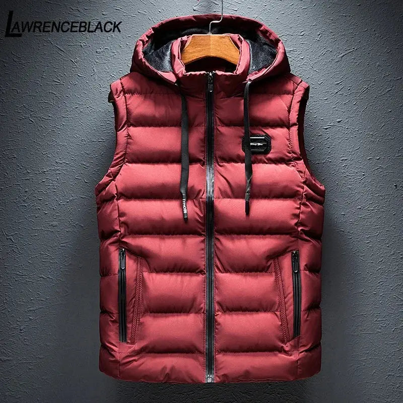 Men's red sleeveless hooded puffer vest with zip front, black drawstrings and side pockets LawrenceBlack
