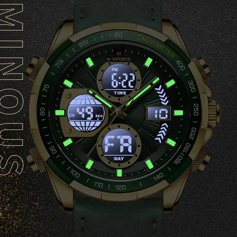 NAVIFORCE men's leather sport chronograph watch with green bezel and luminous digital displays
