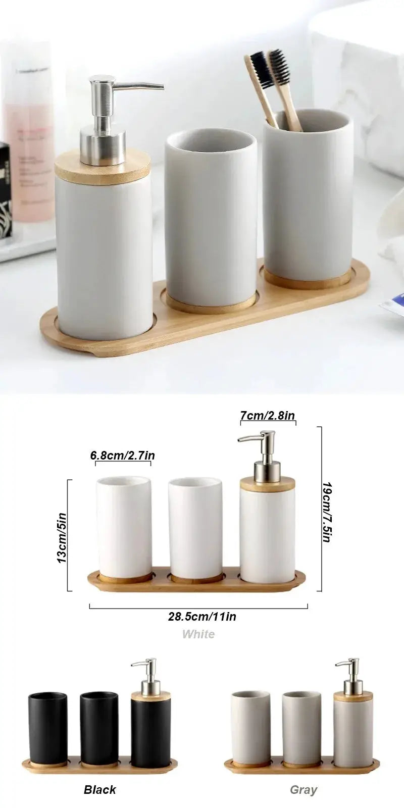 Ceramic bathroom set by Simples Market with dispenser, toothbrush holder and tumbler on bamboo tray; white, 3 pieces.