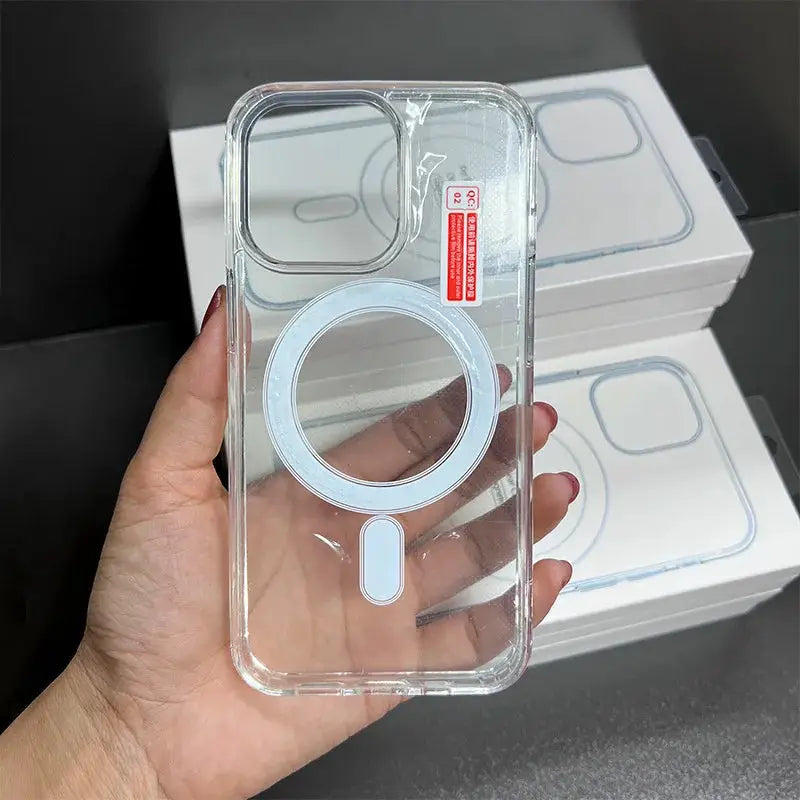 Transparent MagSafe iPhone case with circular magnetic ring, boxed shockproof cover