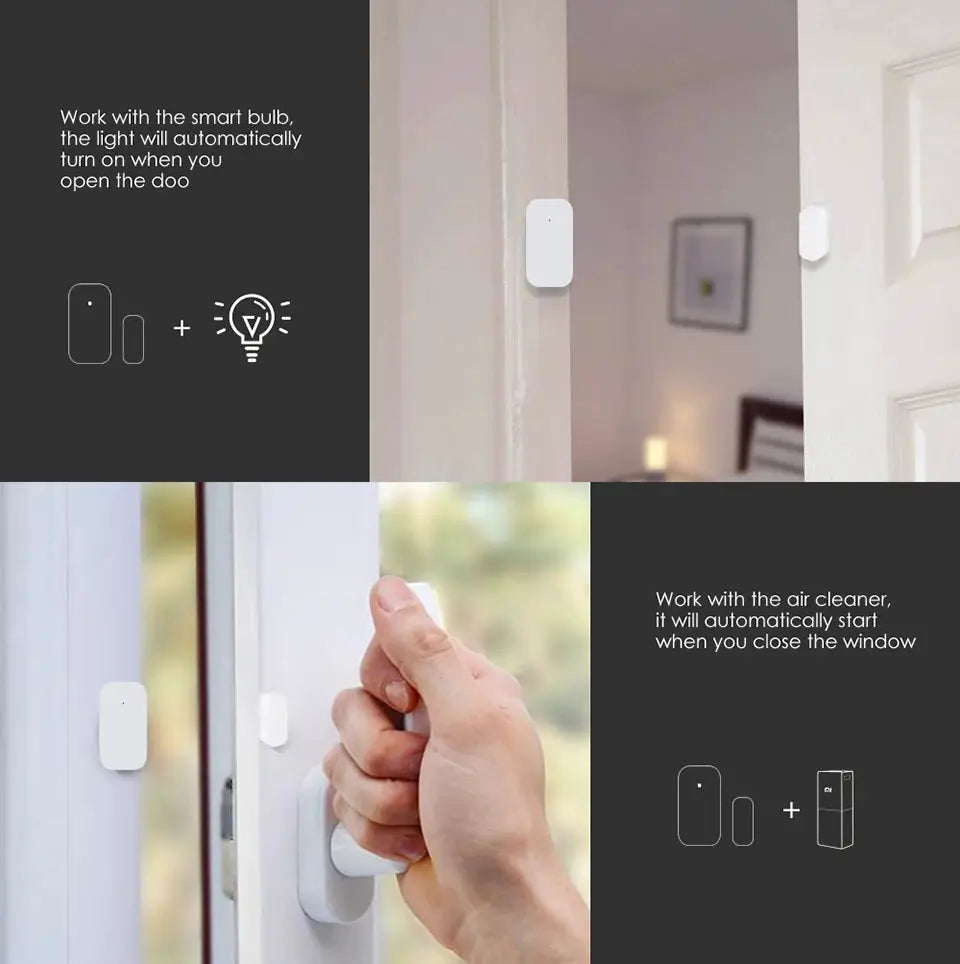 Aqara MCCGQ11LM window/door sensors, two white Zigbee smart home sensors shown on a door frame by Simples Market