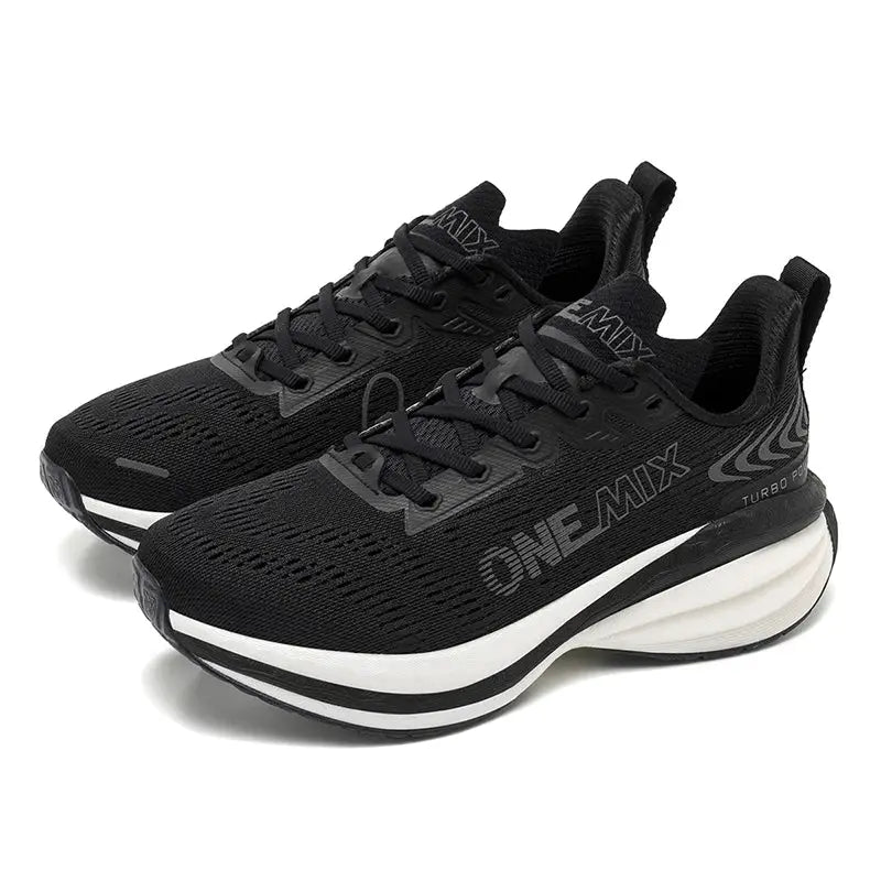 ONEMIX men's running shoes, black breathable mesh with white cushioned midsole, pair