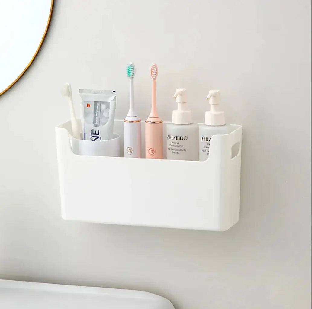 Simples Market white wall-mounted kitchen organizer rack for toothbrushes, toothpaste, and bottles.