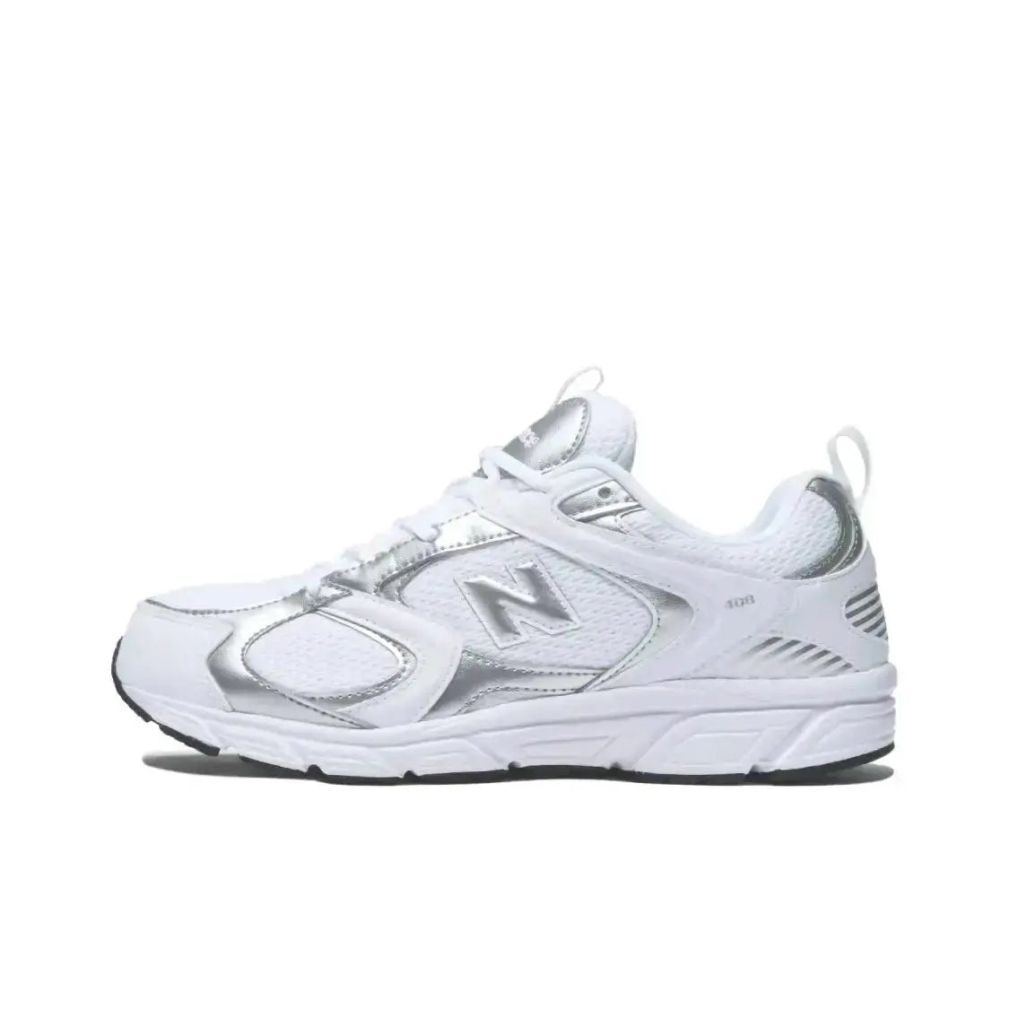 Unisex low-top running shoes, white with silver accents, breathable mesh upper, Simples Market