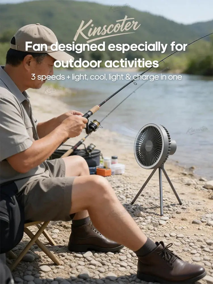 Camping fan by Kinscoter; portable rechargeable circulator with power bank and LED light
