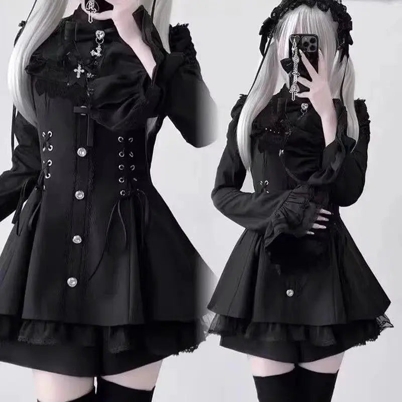 Japanese Gothic Lolita Dress Set Women Harajuku Y2K Bow Lace Ruffles