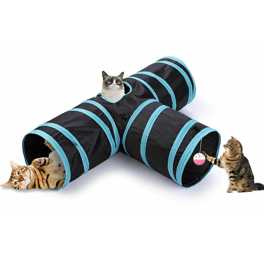 Simples Market foldable cat tunnel, breathable black fabric with blue rings