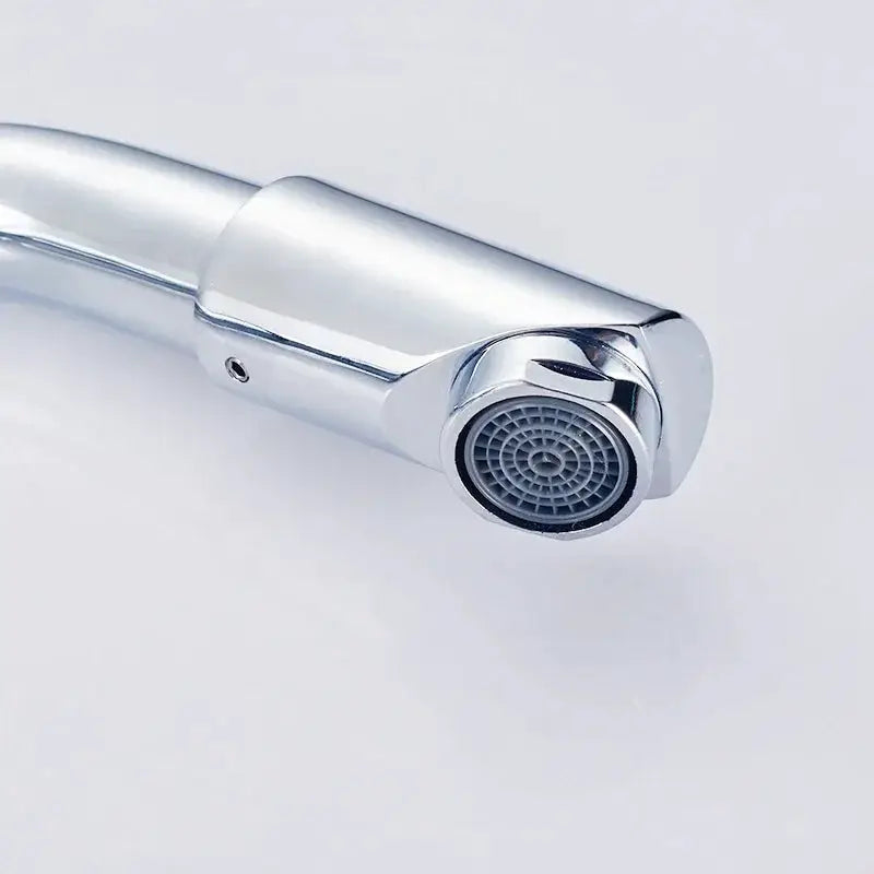 Chrome basin faucet spout with single-handle mixer valve for deck mounting