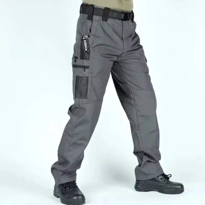 Simples Market men's gray waterproof cargo work pants with multiple pockets, straight-leg