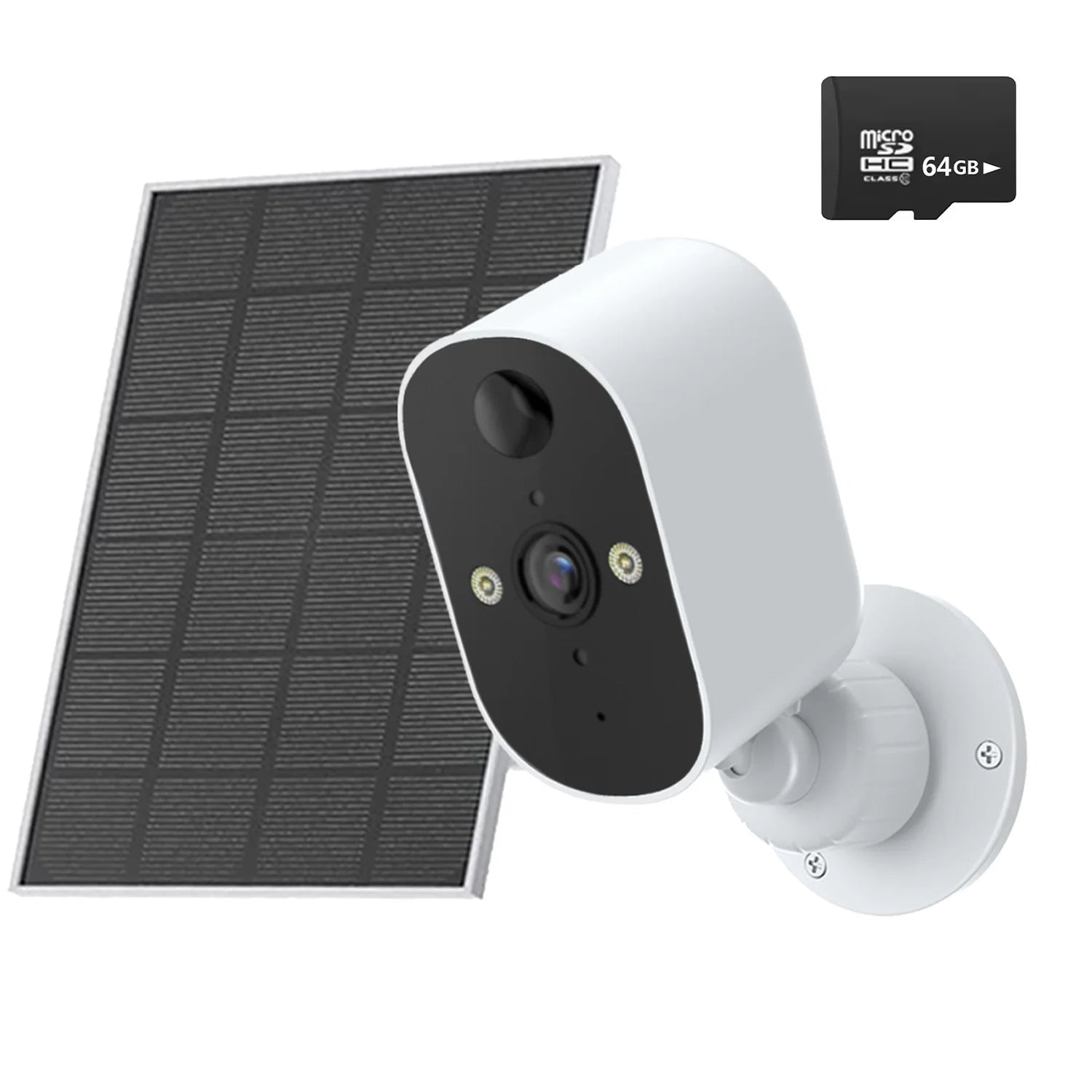 XVIM 1080P solar security camera with solar panel, white housing and wall mount