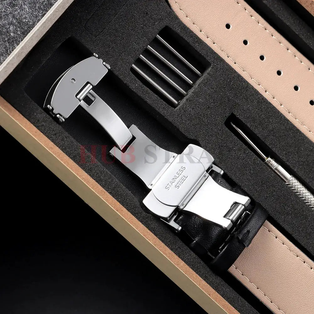 Genuine Leather Watchband 14 16 18 20 22 24mm With Automatic Butterfly Buckle For Men And Women Gift Box