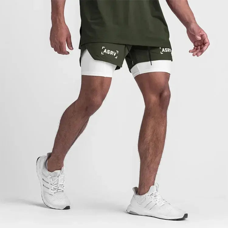 ASRV men's 2-in-1 double-deck shorts; olive-green outer with white inner shorts and ASRV logo