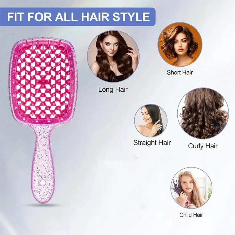 Pink hollow-out detangling hair brush for all hair types