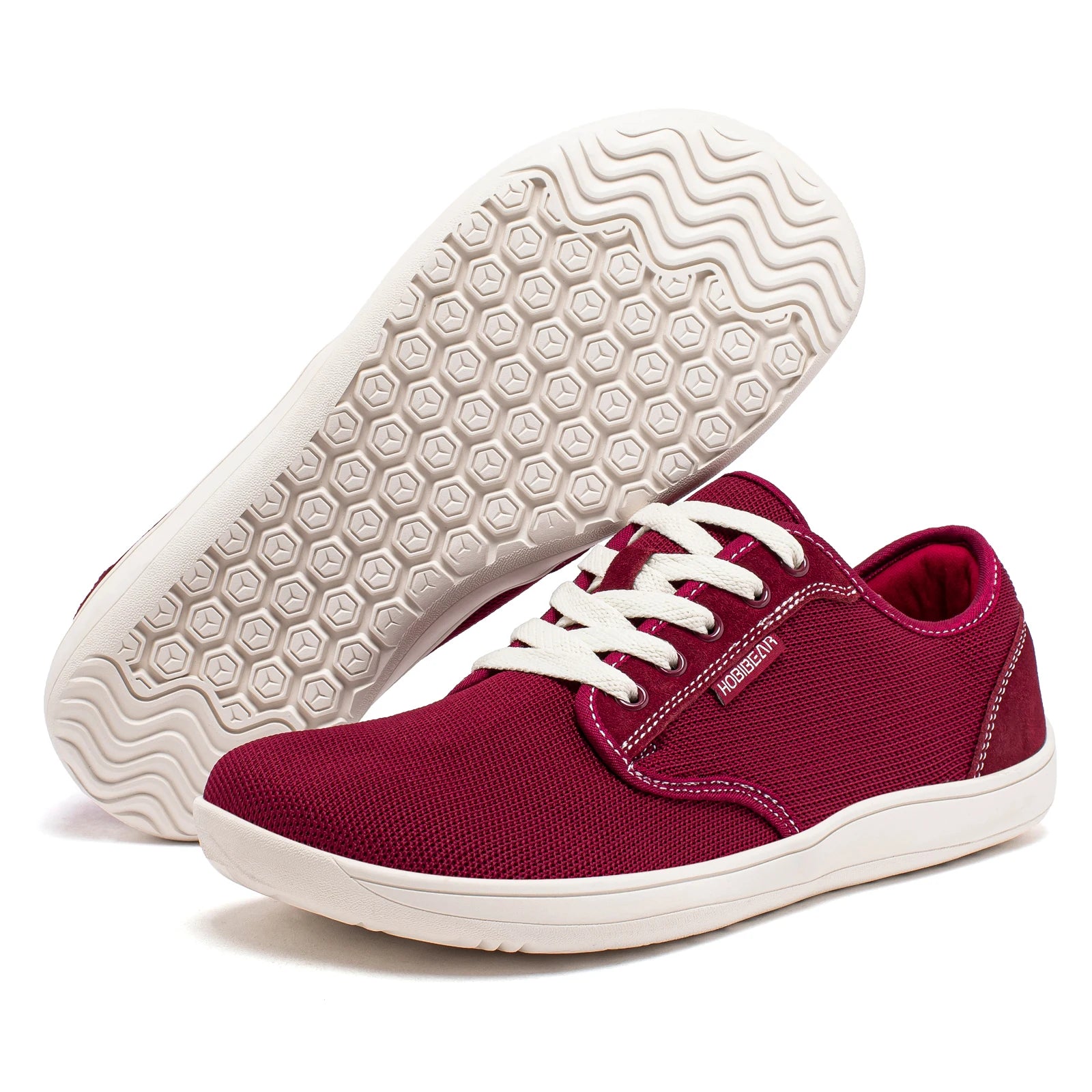 HOBIBEAR men's minimalist barefoot sneakers, burgundy mesh, unisex wide width with white laces