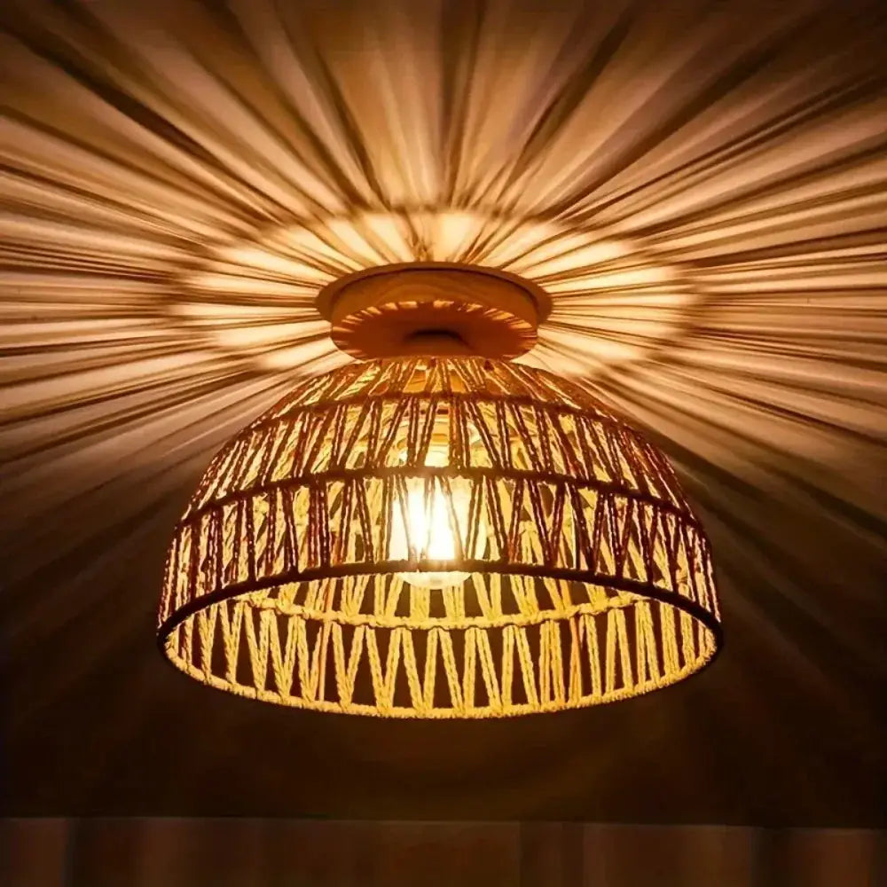 Wicker ceiling lamp, E27, natural hand-woven shade by Simples Market with warm amber glow