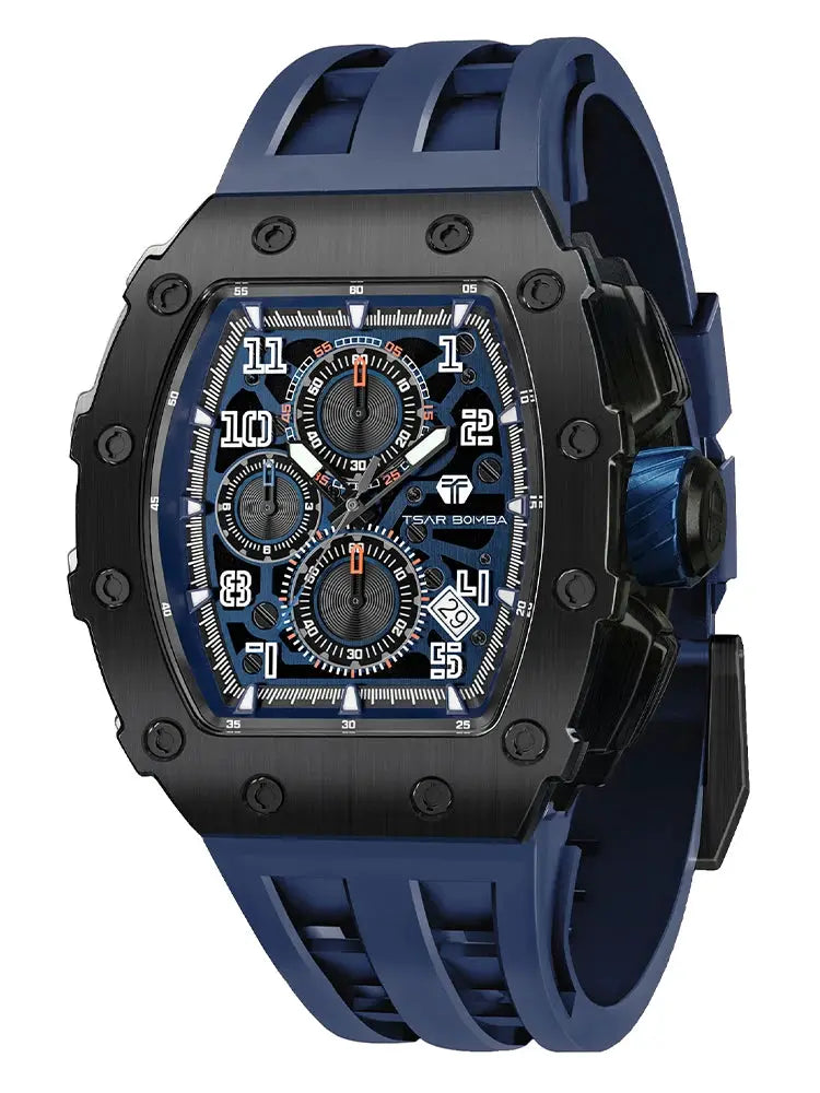 TSAR BOMBA men's watch with blue silicone strap and black stainless steel tonneau case