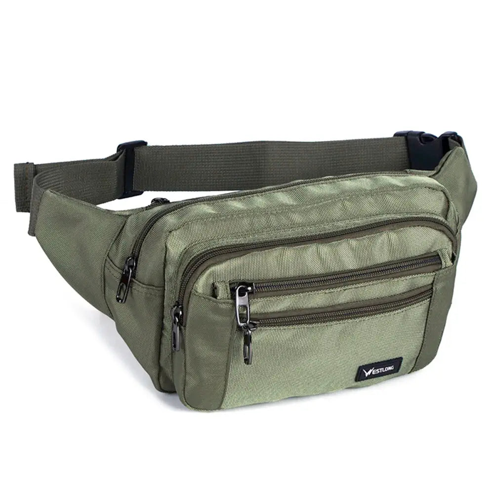 Vestlong olive green waist pack with multiple zip compartments and adjustable belt strap