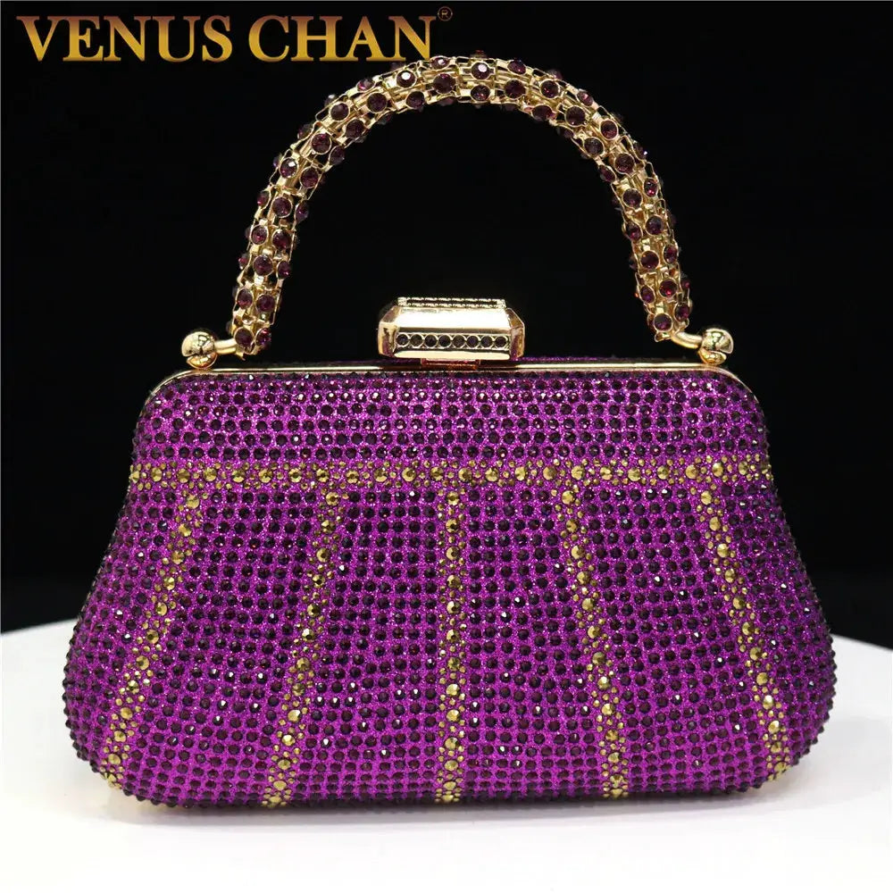 Venus Chan jeweled evening clutch by Simples Market, purple rhinestone body with gold-tone bejeweled handle