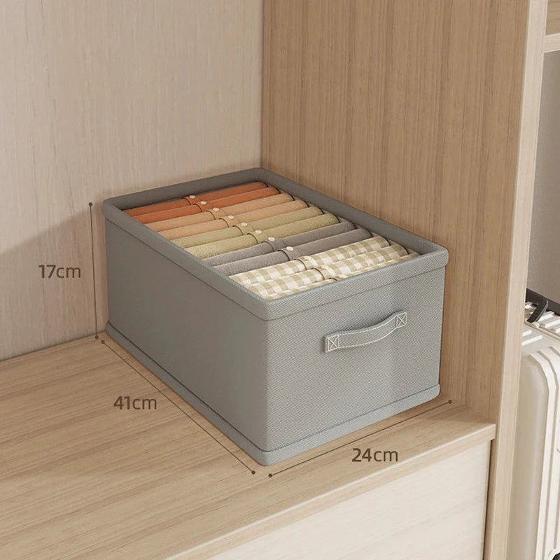 Simples Market grey fabric clothes organizer box with multiple compartments and folded garments for wardrobe storage